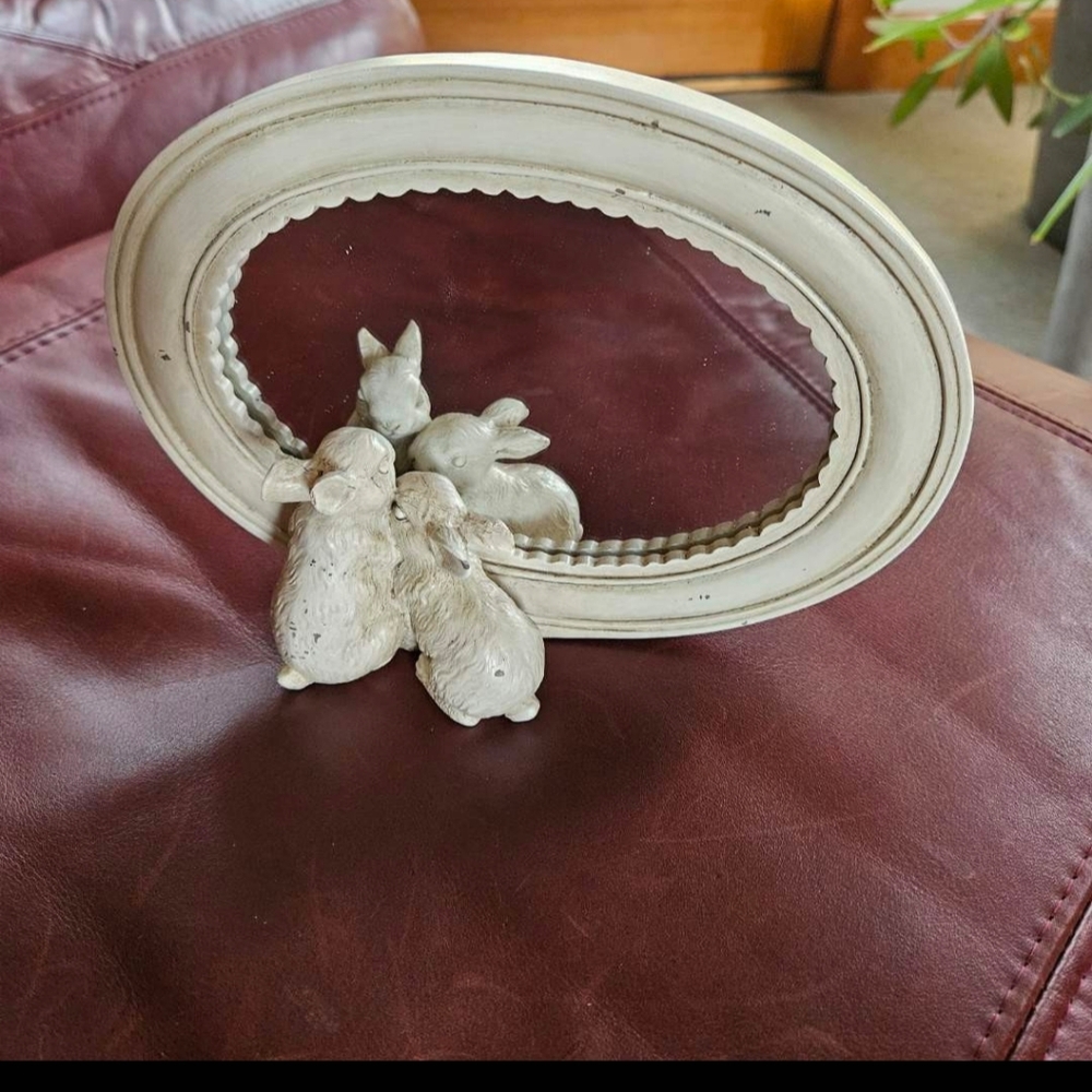 Oval Mirror with Rabbit Figurines